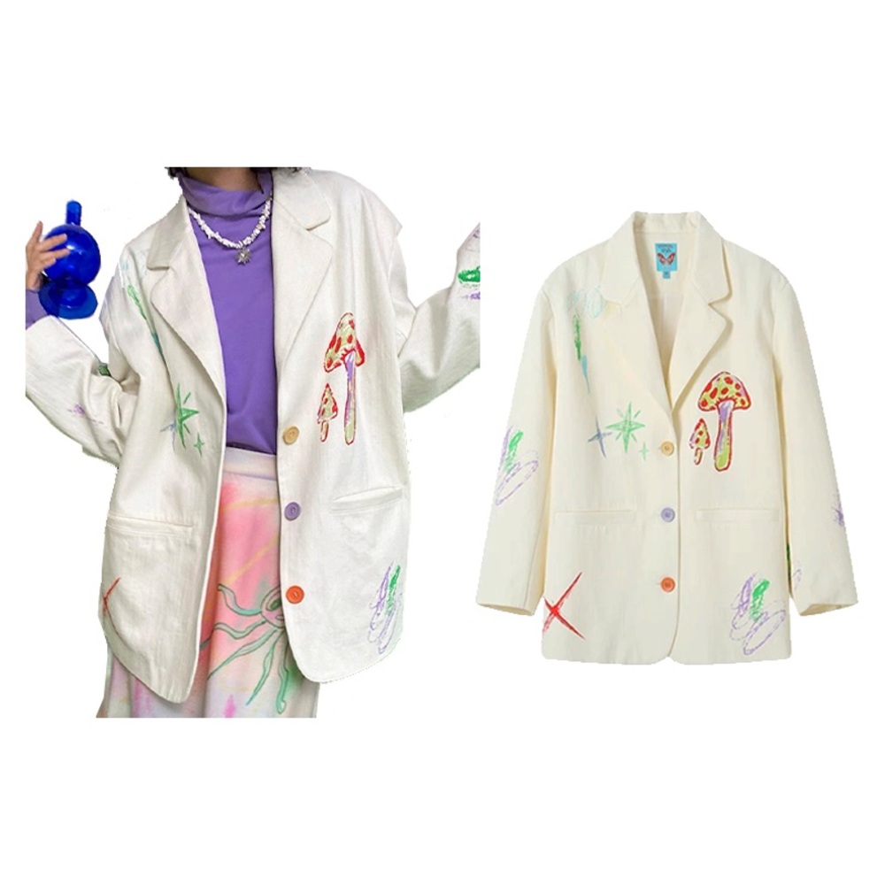 NWT Artistic Y2K Kidcore Multicolor Oversized Mushroom Doodle Blazer - Large